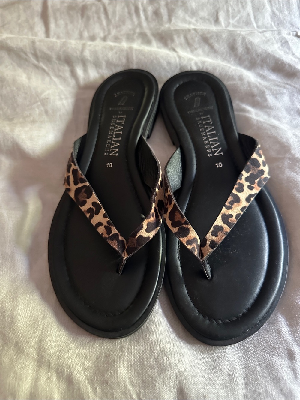 Italian Shoemakers Black Flip Flop Sandals with Leopard-Print Straps